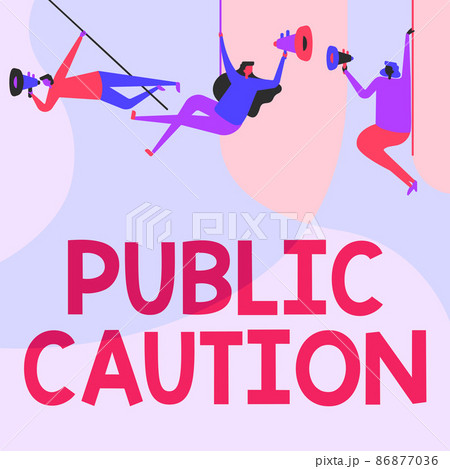 Text sign showing Public Caution. Business overview formal warning given to the public to express a potential risk People Drawing Hanging At Ceiling With Megaphones Making Announcement. 86877036