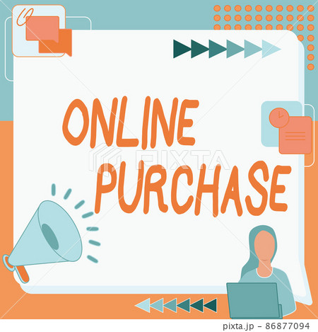 Conceptual caption Online Purchase. Business idea Purchases electronic commerce goods from over the Internet Woman Drawing Sitting Working Next To Megaphone Making New Announcement 86877094