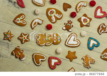 Homemade different delicious gingerbread cookies on table 86877666
