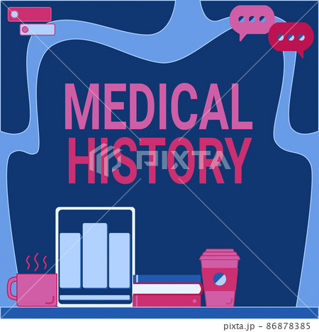 Writing displaying text Medical History. Internet Concept the past background of a person in terms of health Office Desk With Tablet Pen Holder Open Blank Notebook Arranged Properly. 86878385