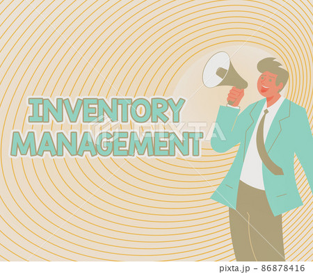 Text sign showing Inventory Management. Word for Overseeing Controlling Storage of Stocks and Prices Illustration Of A Man Pointing Away Holding Megaphone Making New Announcement 86878416
