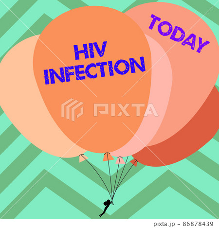 Writing displaying text Hiv Infection. Business approach sexually transmitted infection and a chronic disease Man Holding Colorful Balloons Drawing Flying Around Striped Background. Writing displaying text Hiv Infection. Business approach sexually transmitted infection and a chronic disease Man Holding Colorful Balloons Drawing Flying Around Striped Background. 86878439