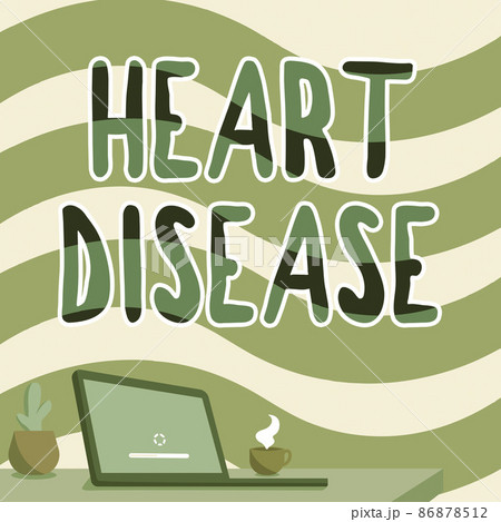 Handwriting text Heart Disease. Internet Concept Heart disorder Conditions that involve blocked blood vessels Office Desk Drawing With Laptop Pen Holder And An Open And Arranged 86878512