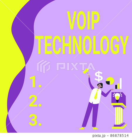 Handwriting text Voip Technology. Business approach Voip Technology Manstanding Alone Presenting Charts And New Financial Ideas With Podium. 86878514