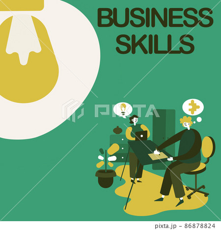 Conceptual caption Business Skills. Business idea An ability to acquire systematic effort of job functions Partners Sharing New Ideas For Skill Improvement Work Strategies. 86878824