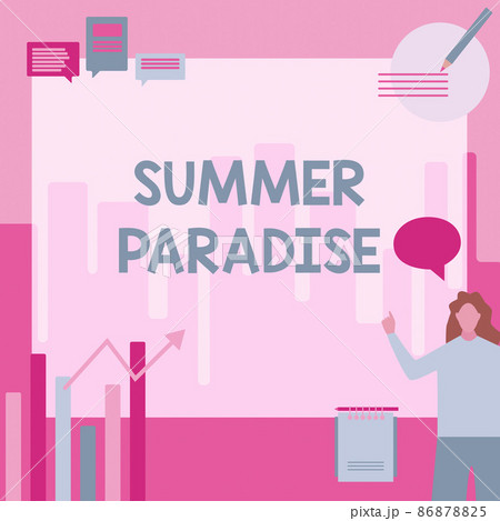 Text showing inspiration Summer Paradise. Business concept Spending vacation in the an ideal or idyllic place or state Businesswoman Casual Standing Presenting Charts And New Wonderful Ideas. 86878825