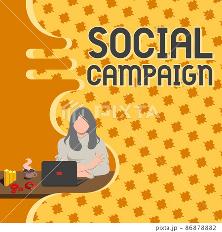 Sign displaying Social Campaign. Business idea use social media platform to improve brand awareness Woman Sitting Using Laptop Online Session Discussing Latest Projects. 86878882