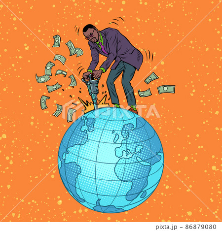 an African businessman with a jackhammer extracts money from the planet earth. Ecology and natural resources. Global Business an African businessman with a jackhammer extracts money from the planet earth. Ecology and natural resources. Global Business 86879080