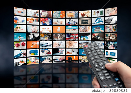 Multimedia video concept on media wall, TV stream Multimedia video concept on media wall, TV stream 86880381