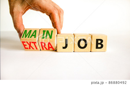 Extra or main job symbol. Businessman turns wooden cubes and changes concept words Extra job to Main job. Beautiful white table white background, copy space. Business extra or main job concept. 86880492