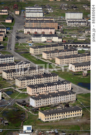 Top view of abandoned buildings in a military town in the Arctic 86880664