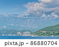 Scenic panoramic landscape view on Bay of Kotor, Montenegro with mountains at sundown. 86880704