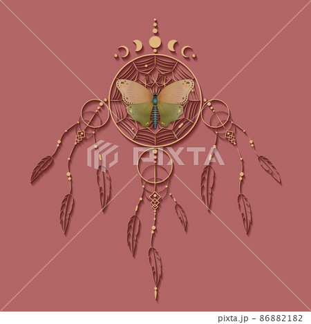 Butterfly on dreamcatcher with mandala ornament and Moon Phases. Gold Mystic symbol, Ethnic art with native American Indian boho design, vector isolated on old vintage pink background 86882182