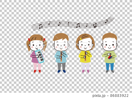 楽器を演奏している四人の子どもたちのイラスト素材 8622