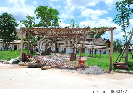 Wooden frame made of bamboo. Bamboo walkway arch. Wooden frame made of bamboo. Bamboo walkway arch. 86884329