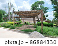 Wooden frame made of bamboo. Bamboo walkway arch. 86884330
