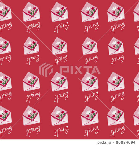 Spring Seamless Pattern Watercolor Envelope with Tulips Pink Fuchsia 86884694
