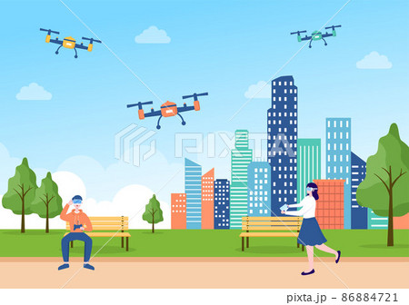 Drone with Camera Remote Control Driven Flying Over to Taking Photography and Video Recording in Flat Cartoon Background illustration 86884721