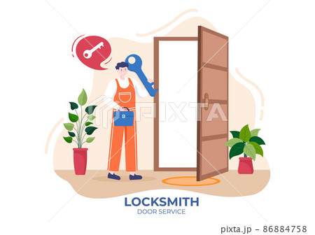 Locksmith Repairman Door Repair, Maintenance and Installation Service with Equipment as Screwdriver or Key in Flat Cartoon Background Illustration 86884758