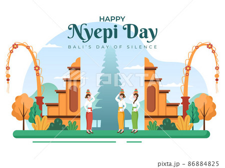 Happy Nyepi Day or Bali's Silence for Hindu Ceremonies in Bali with Galungan, Kuningan and Ngembak Geni in Background of the Temple Illustration Happy Nyepi Day or Bali's Silence for Hindu Ceremonies in Bali with Galungan, Kuningan and Ngembak Geni in Background of the Temple Illustration 86884825