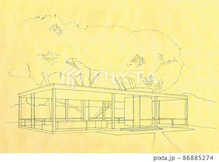 鉄骨とガラスの住宅　グラスハウスの鉛筆画 86885274