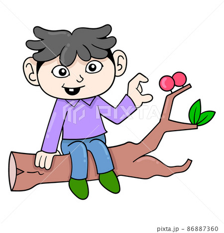 kid is sitting on a tree branch picking up red berries, doodle icon image kawaii 86887360