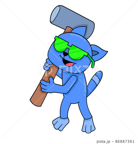 handyman cat holding a giant hammer, doodle icon image kawaii 86887361