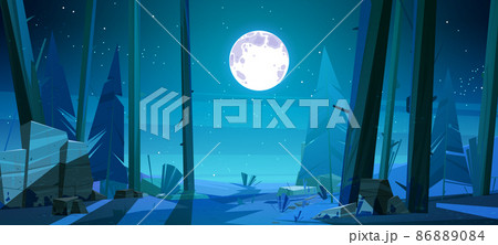 Night forest twilight landscape with rocks, trees 86889084