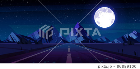 Night landscape with straight highway and mountain Night landscape with straight highway and mountain 86889100
