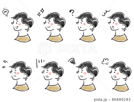 様々な表情の男性の横顔アイコン　手描きイラスト素材セット 86889283