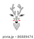 Deer head portrait. Stylized drawing reindeer in simple scandi style. Nursery scandinavian art. Black and white vector illustration 86889474