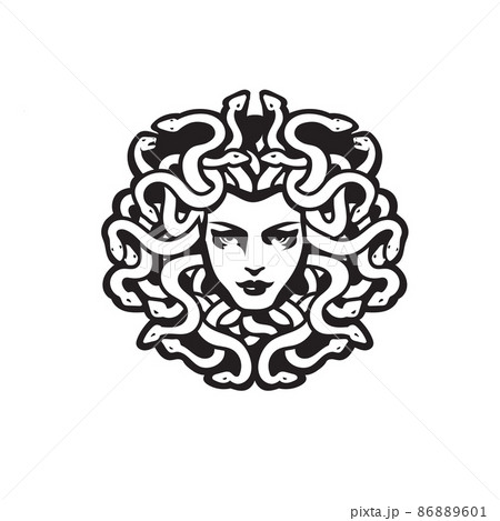 Vector Black and White Medusa Gorgon Woman Head with snakes Illustration Vector Black and White Medusa Gorgon Woman Head with snakes Illustration 86889601
