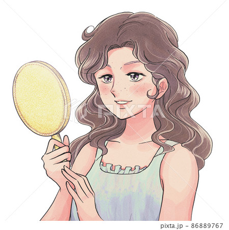 すっぴんで鏡を覗く少女漫画風のお姉様 86889767