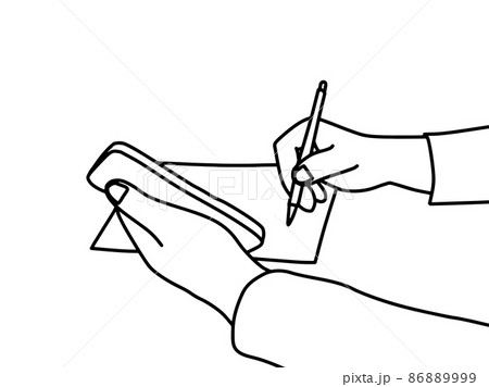 スマホを見ながらメモを取る人の手元の線画イラスト_モノクロ 86889999