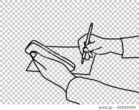 スマホを見ながらメモを取る人の手元の線画イラスト_モノクロ 86889999