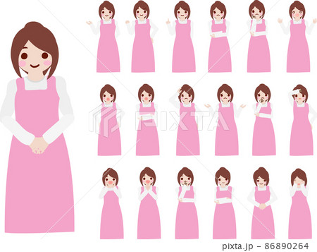 ポーズ 感情 ピンクエプロンをつけた主婦 保母さんなど女性スタッフ表情 6頭身セット 一覧 のイラスト素材