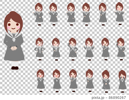 ポーズ 感情 セーラー服の制服を着た女子中高生表情 3頭身セット 一覧 のイラスト素材