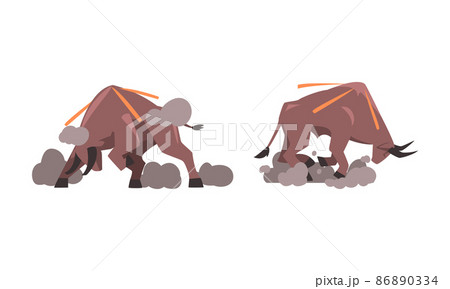 Raging bulls set. Furious aggressive powerful animal cartoon vector illustration 86890334