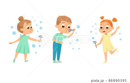 Cute happy kids blowing soap bubbles set cartoon vector illustration 86890395