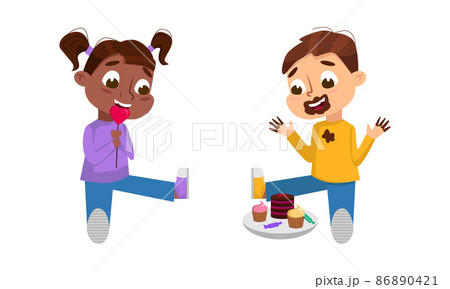Happy boy and girl eating sweets set. Kids enjoying of eating of unhealthy food cartoon vector illustration Happy boy and girl eating sweets set. Kids enjoying of eating of unhealthy food cartoon vector illustration 86890421