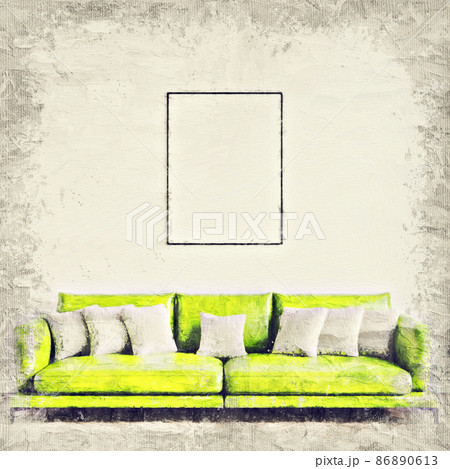 Modern beautiful interior of the room with colored walls, large windows and stylish furniture. The image is stylized as an oil painting. Bright and stylish design. 3D rendering Modern beautiful interior of the room with colored walls, large windows and stylish furniture. The image is stylized as an oil painting. Bright and stylish design. 3D rendering 86890613