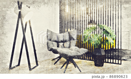 Modern beautiful interior of the room with colored walls, large windows and stylish furniture. The image is stylized as an oil painting. Bright and stylish design. 3D rendering 86890623