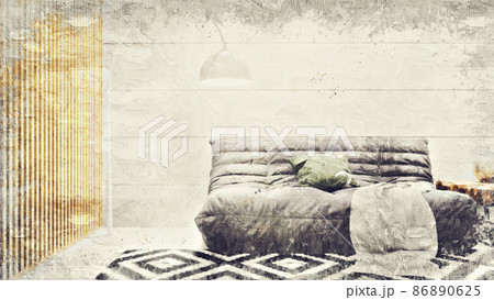 Modern beautiful interior of the room with colored walls, large windows and stylish furniture. The image is stylized as an oil painting. Bright and stylish design. 3D rendering 86890625