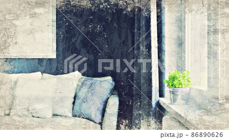 Modern beautiful interior of the room with colored walls, large windows and stylish furniture. The image is stylized as an oil painting. Bright and stylish design. 3D rendering 86890626