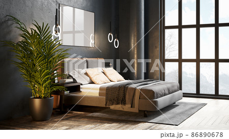 Modern beautiful interior with columns, colored wall and stylish furniture. Bright loft design. 3D rendering 86890678