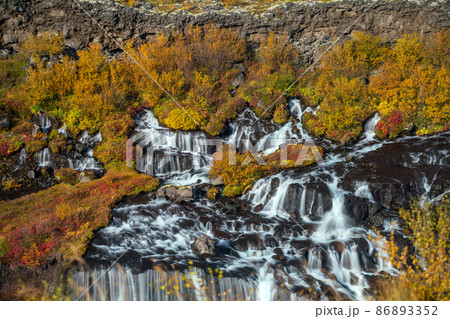 Hraunfossar waterfall in Iceland. Autumn 86893352