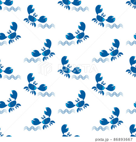Funny blue crab and waves. Seamless pattern. Cute kids pattern for girls and boys. Blue crabs on a white background create a cheerful cartoon drawing, nautical wallpaper. Vector illustration 86893667
