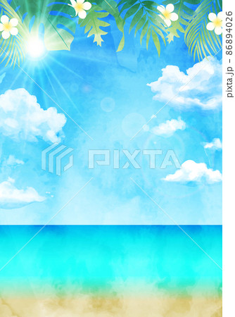 青空と南国の植物の水彩イラスト背景 リゾート 夏 旅行 のイラスト素材