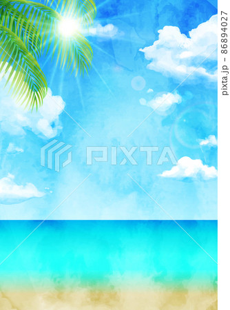 青空と南国の植物の水彩イラスト背景 リゾート 夏 旅行 のイラスト素材