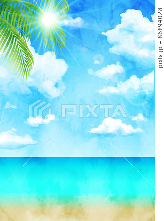 青空と南国の植物の水彩イラスト背景(リゾート,夏,旅行) 86894028
